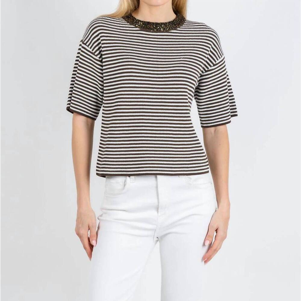 NEW MARGITTES sequin neck stripe knit sweater in mocha